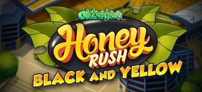Honey Rush Black and Yellow স্লট গেমের একটি দৃশ্য যেখানে হেক্সাগোনাল গ্রিড এবং মিউজিক্যাল থিম দেখা যাচ্ছে।